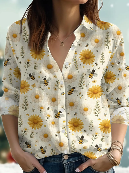 

Shirt Collar Long Sleeve Animal Lightweight Regular Fit Shirt For Women, Yellow, Shirts