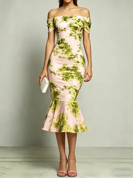 Elegant Floral Cold Shoulder Midi Dress