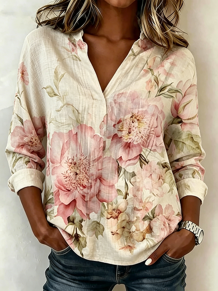 

Shirt Collar Long Sleeve Floral Regular Loose Shirt For Women, As picture, Blouses