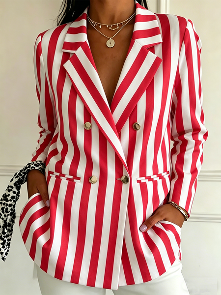 

Women Striped Spring/Fall Outerwear Elegant Long Sleeve Regular Blazer, Red, Blazers