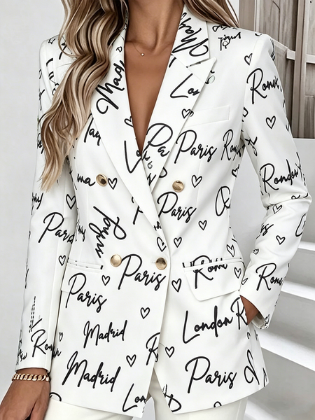 

Women Geometric Spring/Fall Outerwear Elegant Long Sleeve Regular Blazer, White, Blazers
