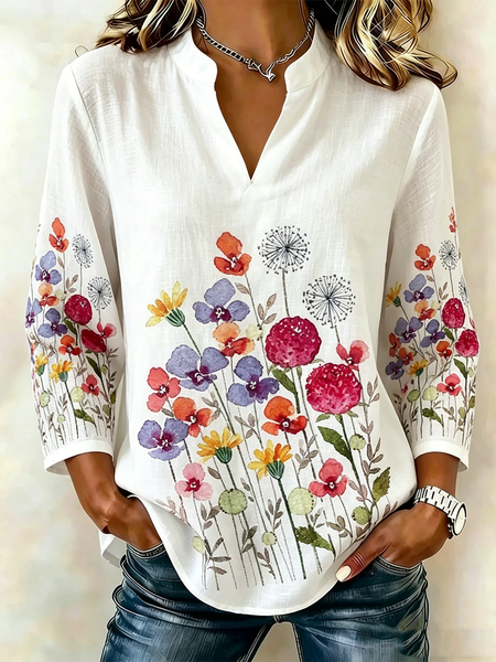 V Neck Long Sleeve Floral Regular Loose Blouse For Women