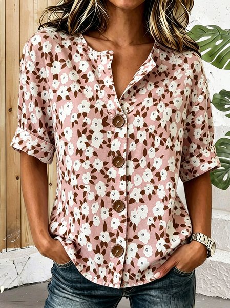 

Stand Collar Three Quarter Sleeve Floral Regular Loose Shirt For Women, Pink, Shirts