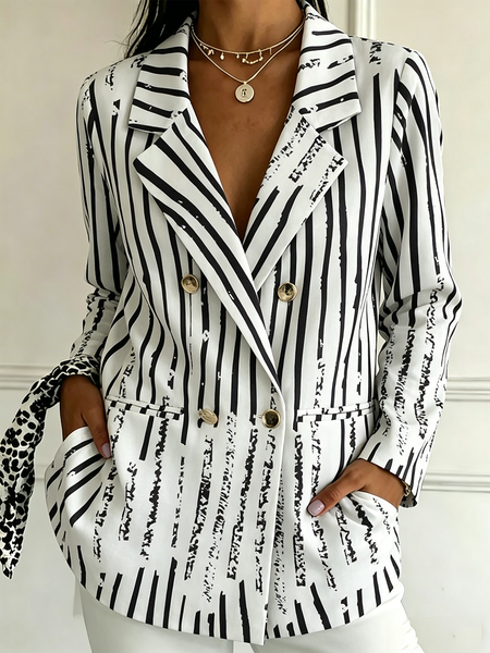 

Women Striped Spring/Fall Outerwear Elegant Long Sleeve Regular Blazer, Black-white, Blazers