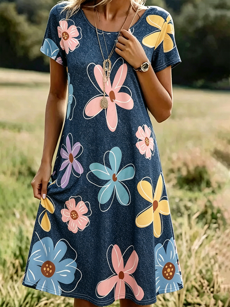 

Women Faux Denim Print Graphic Summer Dress Crew Neck Short Sleeve Tunic H-Line Dress, Denim blue, Dresses