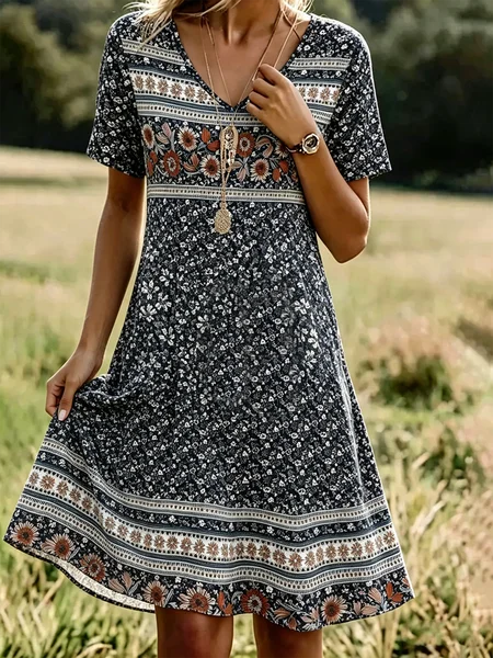 

Women Geometric Summer Dress V Neck Short Sleeve Fit & Flare Dress A-Line Dress, As picture, Dresses