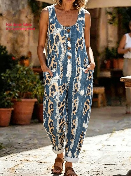 

Women Abstract Crew Neck Sleeveless Vintage Summer Cotton And Linen Jumpsuit, Blue, Jumpsuits&Rompers
