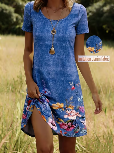 

Women Faux Denim Print Graphic Summer Dress Crew Neck Short Sleeve Tunic H-Line Dress, Denim blue, Dresses