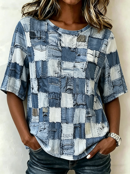 

Vintage Faux Denim Print Graphic Crew Neck Short Sleeve T-shirt, Denim blue, Blouses