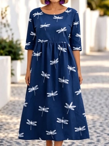 Women 3D Printing Summer Dress Crew Neck Short Sleeve Fit & Flare Dress A-Line Dress
