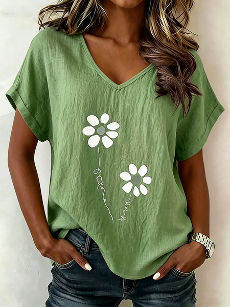 

Crew Neck Short Sleeve Floral Regular Loose Tunic Blouse For Women, Green, T-shirts