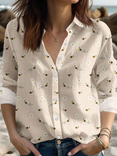 

Shirt Collar Long Sleeve Animal Lightweight Regular Fit Shirt For Women, Off white, Shirts