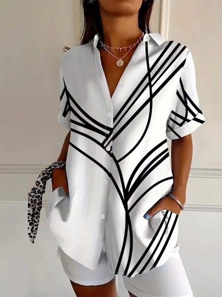 

Shirt Collar Short Sleeve Abstract Printing Regular Micro-Elasticity Loose Button Up Shirt Shirt For Women, White, Shirts