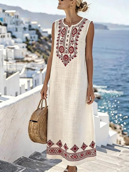 Women Floral Summer Dress Crew Neck Sleeveless Fit & Flare Dress A-Line Dress