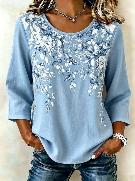 

Crew Neck Half Sleeve Floral Lightweight Loose Shirt For Women, Blue, Blouses