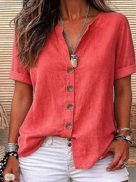 

V Neck Half Sleeve Plain Regular Loose Shirt For Women, Red, Shirts