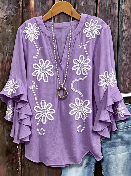 

V Neck Three Quarter Sleeve Floral Regular Loose Blouse For Women, Purple, Blouses