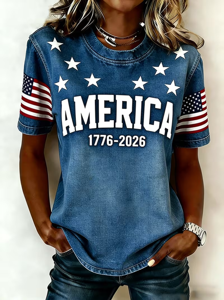 

Casual Independence Day (Flag) Crew Neck Short Sleeve T-shirt, Blue, T-shirts