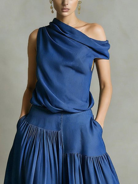 Soft Tencel Denim Casual Plain Asymmetrical Top