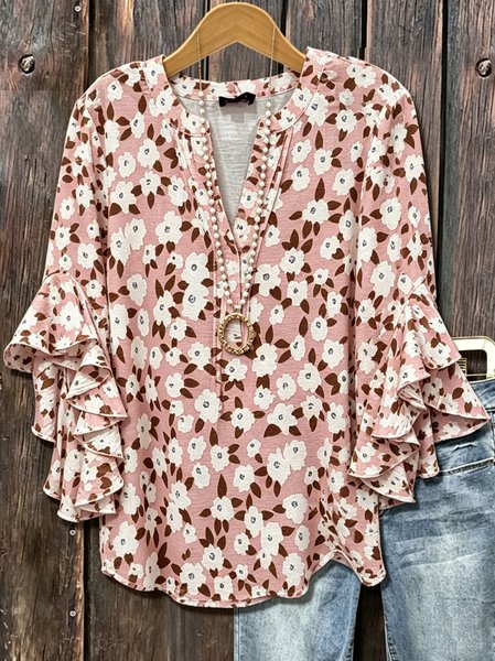 

V Neck Half Sleeve Floral Regular Loose Blouse For Women, Pink, Blouses