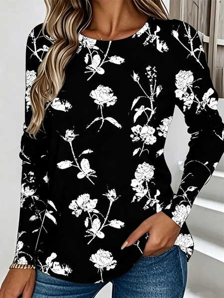 

Casual Floral Crew Neck Long Sleeve T-shirt, Black-white, Shirts