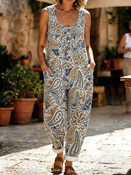 

Women Paisley Crew Neck Sleeveless Vintage Summer Cotton And Linen Jumpsuit, As picture, Jumpsuits&Rompers