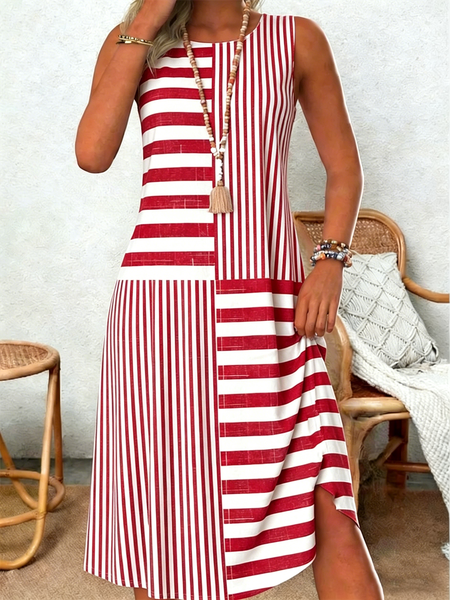 Women Striped Summer Dress Crew Neck Sleeveless Tank A-Line Dress