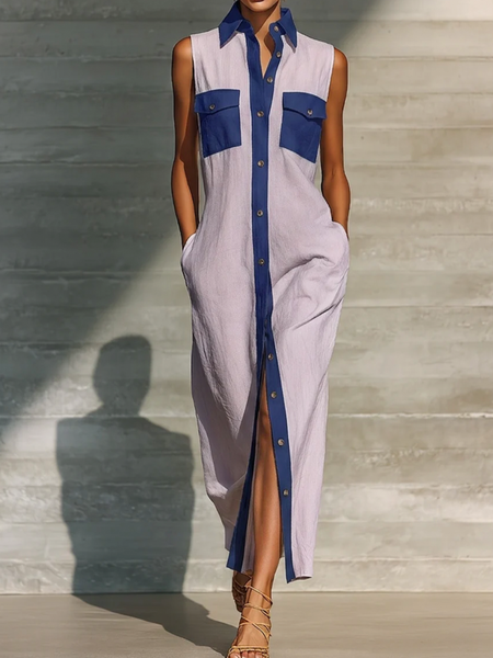 Casual Color Block Shirt Collar Maxi Dress