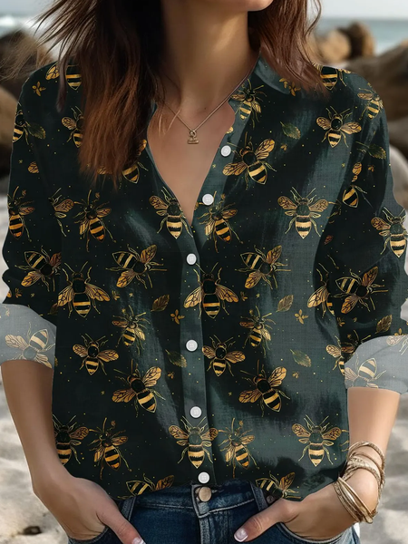 Shirt Collar Long Sleeve Animal Lightweight Regular Fit Shirt For Women