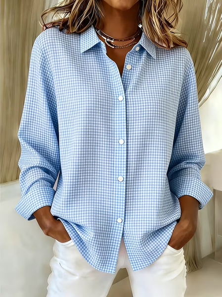 

Women Plaid Shirt Collar Long Sleeve Shirt Buckle Regular Sleeve Casual Daily Spring/Fall Top, Blue, Shirts