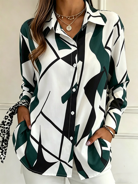 

Shirt Collar Long Sleeve Striped Regular Loose Shirt For Women, Green, Shirts