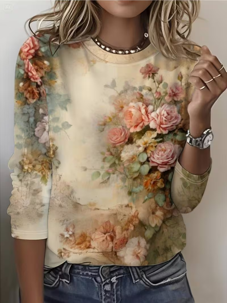 

Women Floral Long Sleeve Tee T-shirt Crew Neck Printing Casual Graphic Tee Spring/Fall Top, As picture, T-Shirts