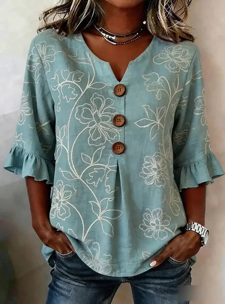 

Women Floral V Neck Half Sleeve Blouse Printing Vintage Daily Summer Top, Blue, Blouses