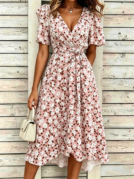 Women Floral Summer Dress V Neck Short Sleeve Fit & Flare Dress A-Line Dress