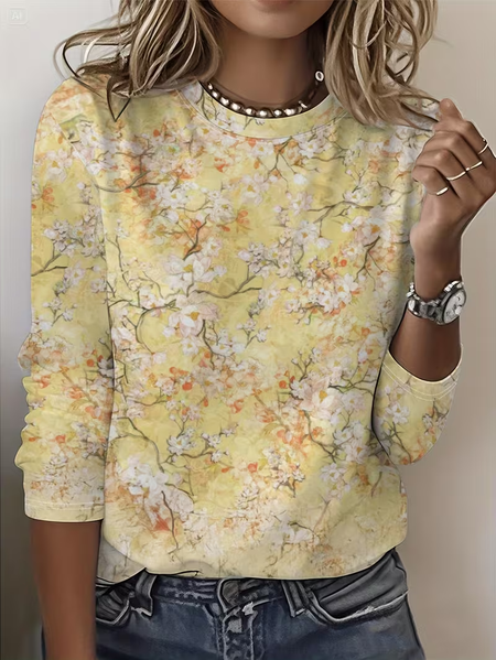 

Women Floral Long Sleeve Tee T-shirt Crew Neck Printing Casual Graphic Tee Spring/Fall Top, Yellow, T-Shirts