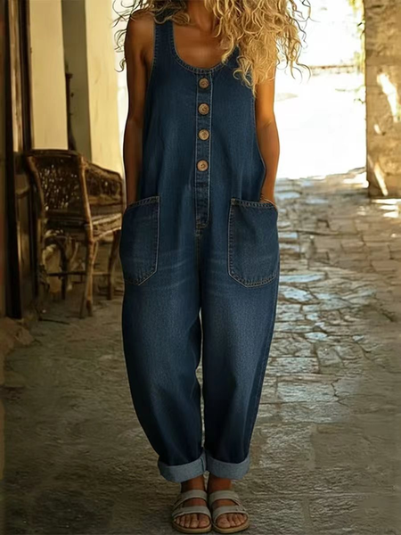 

Women Plain Crew Neck Sleeveless Vintage Summer Cotton And Linen Jumpsuit, Deep blue, Jumpsuits&Rompers