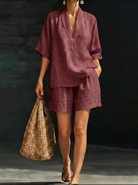 Women Plain Two-Piece Set Daily Short Sleeve Casual Summer Top With Pants Matching Set
