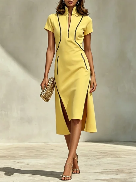 Urban Color Block Zipper Stand Collar Midi Dress