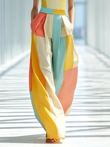 Elegant Colorblock Printing Wide Leg Pants