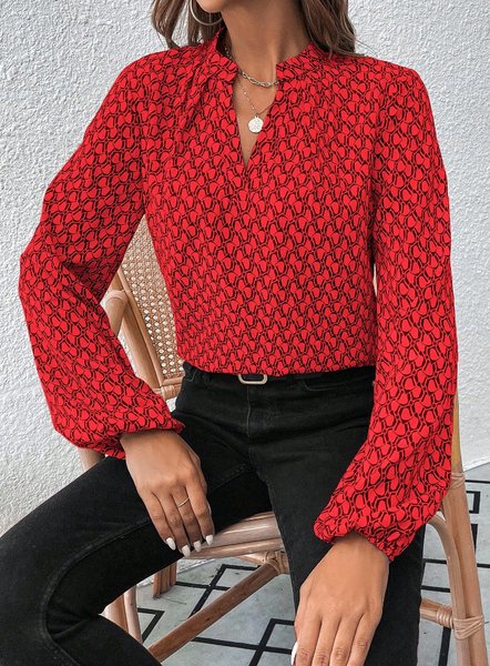 

Women Geometric V Neck Long Sleeve Shirt Printing Balloon Sleeve Casual Daily Spring/Fall Top, Red, Blouses