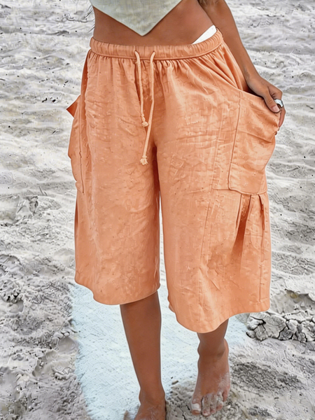 

Casual Plain Natural Drawstring Wide Leg Pants Shorts, Yellow, Shorts