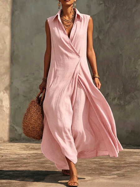 

Women Plain Summer Dress V Neck Sleeveless A-Line Dress, Pink, Dresses