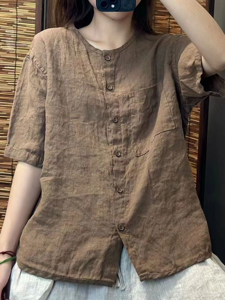 

Shirt Collar Short Sleeve Plain Regular Loose Shirt For Women, Khaki, Blouses