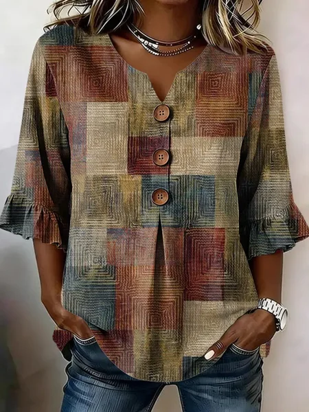 Women Abstract V Neck Half Sleeve Blouse Printing Vintage Daily Summer Top