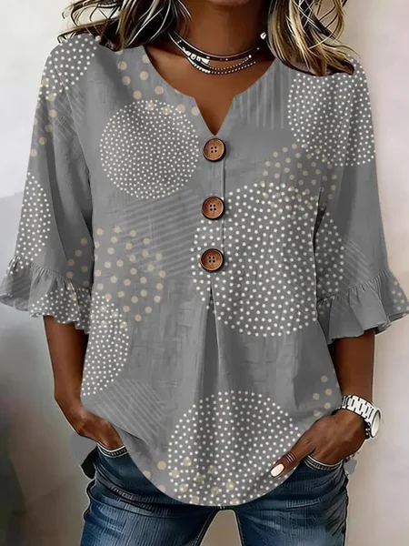 

V Neck Half Sleeve Abstract Printing Regular Micro-Elasticity Regular Fit Blouse For Women, Gray, Blouses