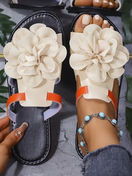 

Vintage Floral Breathable Slip On Flat Heel Slide Sandals Split Joint, Off white, Slippers