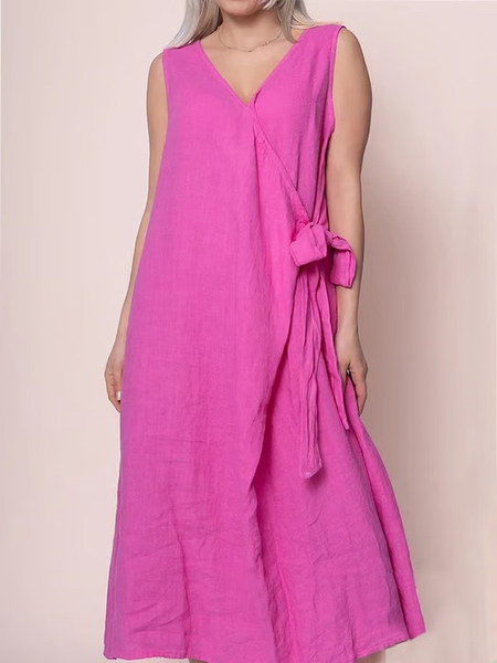 Women Plain Summer Dress Cross Neck Sleeveless Tank A-Line Dress