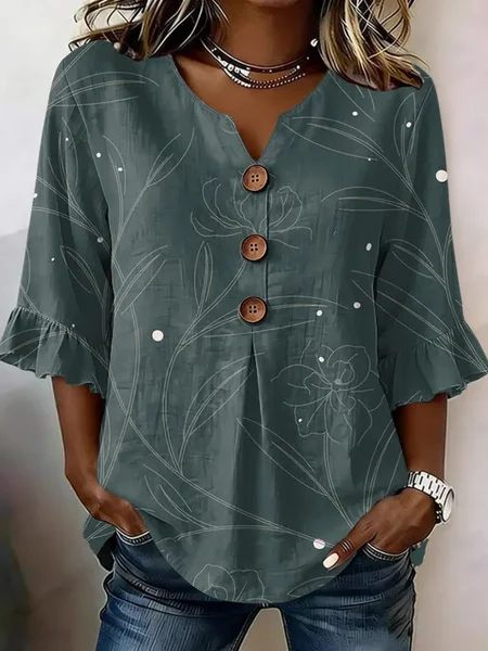 

Women Floral V Neck Half Sleeve Blouse Printing Vintage Daily Summer Top, Dark green, Blouses
