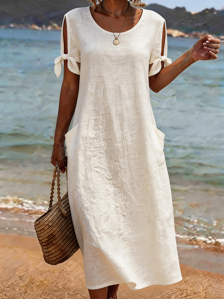 Women Plain Summer Dress Crew Neck Short Sleeve H-Line Dress