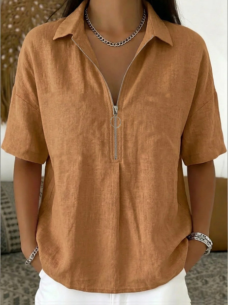 Shawl Collar Short Sleeve Plain Regular Loose Blouse For Women